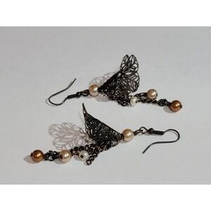 Whimsical Bronze Trumpet Flower Bead Drop Fishhook 2" Earrings